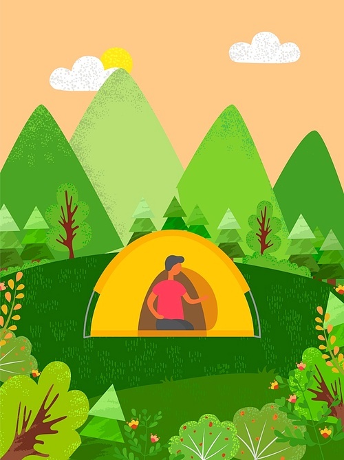 Person on vacation on nature vector, man in tent traveling human surrounded by mountains and trees greenery and bushes, flora and flowers tourism