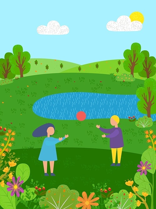 Children playing ball in park, portrait view of girl and boy standing on grass near lake, trees and flowers, sunny weather, green nature, activity vector