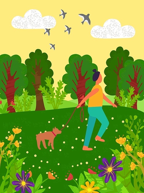 Woman with dog on leash vector, person walking with pet and enjoying nature beauty, trees and flowers in bloom, flying swallows summer season walk