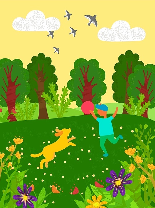 Small kid playing with dog vector, forest with trees and flowers on meadow, child with pet throwing inflatable ball to animal doggy, swallows at sky