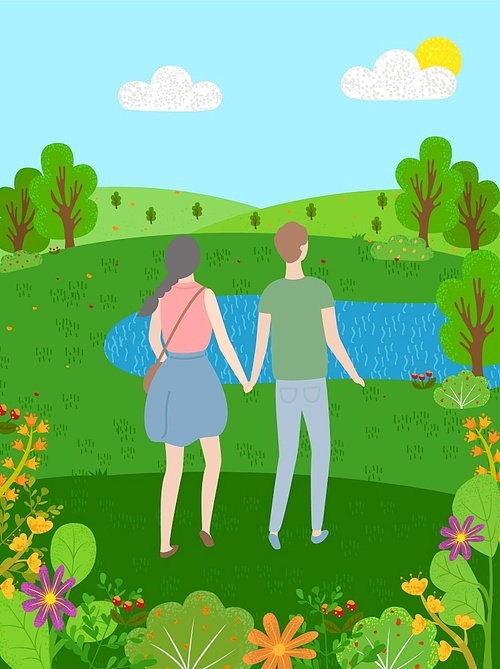 Summer, man and woman spend time together on nature, meadow and sky. Cartoon people walking in forest among green trees and flowers, blue lake or pond