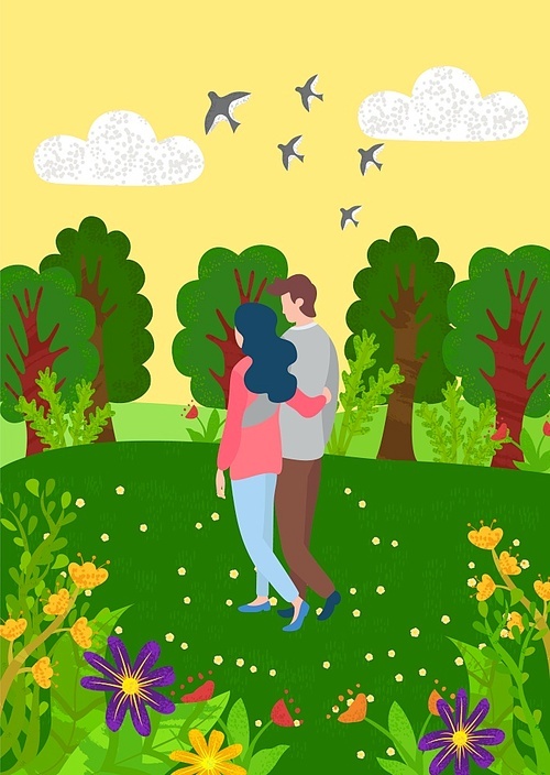Man and woman spend time together on nature. Vector cartoon people walking in forest among green trees and flowers, birds flying in sky, summertime season