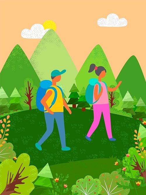 Man and woman carrying backpacks vector, couple traveling together walking in forest with mountains and lush flora, bushes and flowers in bloom campers