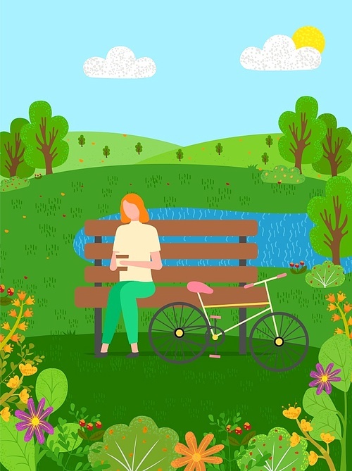 Woman resting on bench after long ride on bike in green forest with flowers and lake. Vector summer landscape, trees and bushes, summertime sport activities