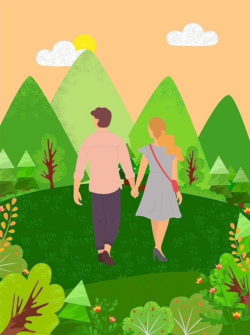 Dating couple walking in forest back view. Vector cartoon people in summer cloth spend time together. Man and woman among green hills, trees and bushes