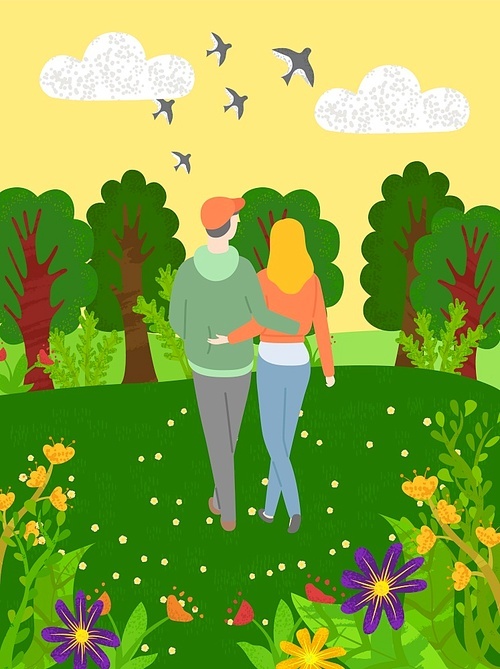 Back view of hugging people walking in forest with green trees and blooming flowers. Vector embracing man and woman spend time together, summer time