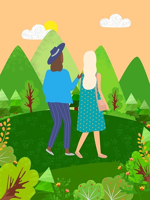 Two women walking in green park or forest back view. Vector cartoon female people, best friends spend time together at hot summer day, meadow with spruces scenery. Family weekend. Sisters in park