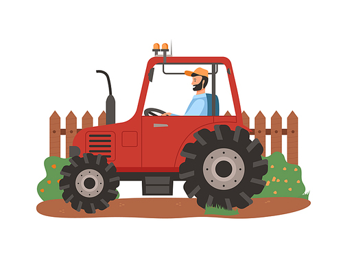 Person in tractor vector, agriculture and husbandry seasonal works. Man sitting in agricultural machinery, fence and bushes of rural area isolated