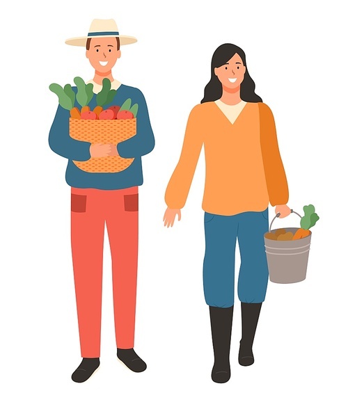 People working on field vector, isolated man and woman carrying organic products, person smiling and holding metal bucket with carrots, veggies vegetables