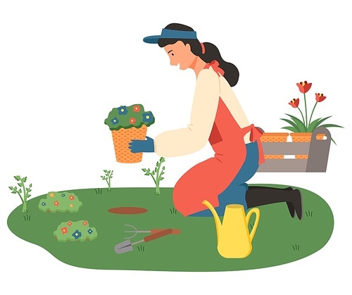 Woman outdoors with flowers vector, lady gardening isolated person with pots and tools for growing flora for home decoration isolated person flat style