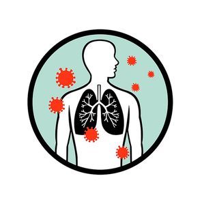 Retro style illustration of coronavirus cell infecting the human lungs or respiratory system set inside circle shape on isolated white background.