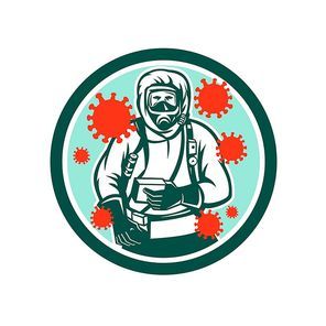 Illustration of a doctor or medical worker in protective or hazchem suit viewed from front with coronavirus or covid-19 floating set inside circle on isolated background done in retro style.