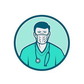 Icon retro style illustration of a male physician, health professional or nurse wearing a surgical mask and stethoscope viewed from front set inside circle on isolated background.