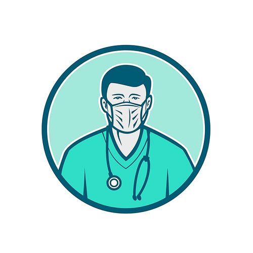 Icon retro style illustration of a male physician, health professional or nurse wearing a surgical mask and stethoscope viewed from front set inside circle on isolated background.