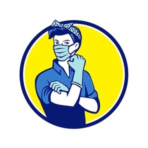 Mascot icon illustration of American Rosie the riveter as medical healthcare essential worker wearing a surgical mask flexing muscle and saying we can do it set in circle retro style.