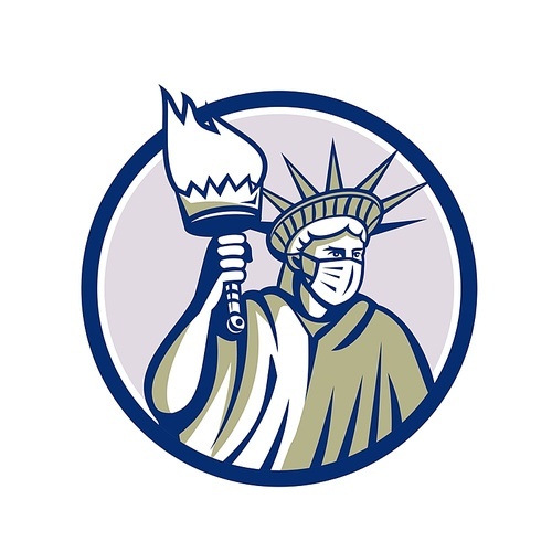 Icon illustration of American statue of liberty wearing a surgical mask to prevent from infection and holding up a flaming torch viewed from side in circle isolated background done in retro style.
