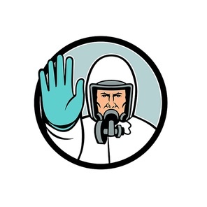 Mascot icon illustration of a medical professional, nurse, doctor, healthcare or essential worker wearing PPE, protective personal equipment showing stop the spread of virus using hand signal.