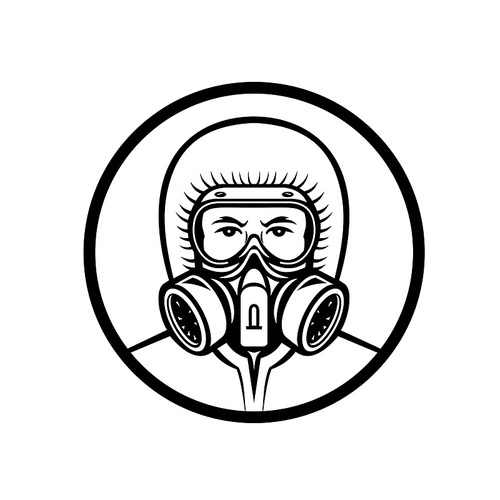 Mascot icon illustration of head of a medical professional, essential or industrial worker wearing a respiratory protective equipment, RPE viewed from front on isolated  in retro style.