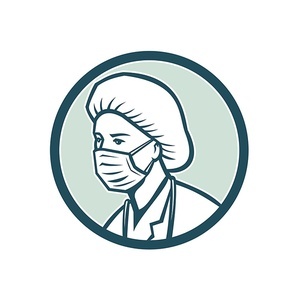 Mascot icon illustration of head a nurse, medical professional, doctor, healthcare or essential worker wearing a PPE, protective personal equipment surgical mask on isolated background in retro style.