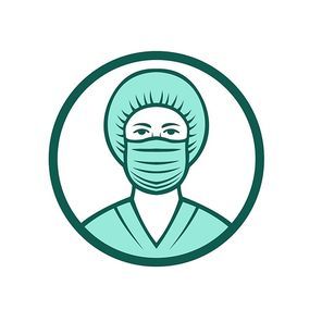 Mascot icon illustration of bust of a medical professional, nurse, doctor, healthcare or essential worker wearing a surgical face mask and bouffant nurse cap front view set in circle done retro style.