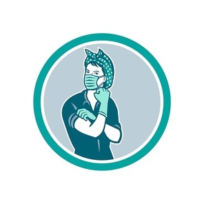 Mascot icon illustration of American Rosie the riveter as medical healthcare essential worker wearing a surgical mask and gloves saying we can do it set inside circle done in retro style.