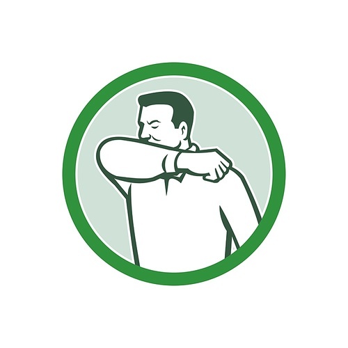 Icon retro style illustration of a man sneezing or coughing into crook of elbow to prevent the fluids and virus infection from spreading set inside circle on isolated white .