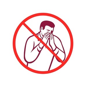 Icon retro style illustration of a man sneezing or coughing covering or into hand to prevent the fluids and virus infection from spreading set inside circle on isolated white background.