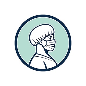 Mascot icon illustration of bust of a female nurse, medical professional, doctor, healthcare worker wearing a surgical mask and bouffant cap viewed from side profile set in circle done in retro style.