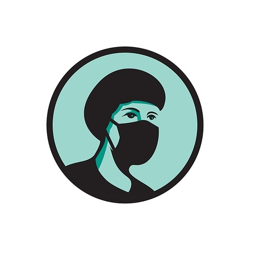 Mascot icon illustration of bust of a female nurse, medical professional, doctor, healthcare worker wearing a black surgical mask and bouffant cap viewed from front set in circle done in retro style.