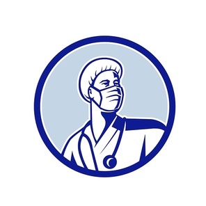 Mascot icon illustration of a medical doctor, nurse, healthcare professional or essential worker wearing a surgical mask and bouffant scrub cap looking to side set in circle done in retro style.
