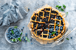 Traditional homemade american blueberry pie with lattice pastry, top view