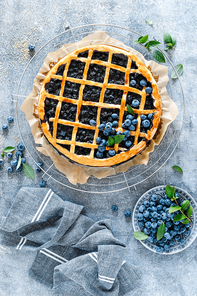 Traditional homemade american blueberry pie with lattice pastry, top view