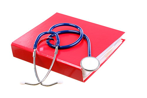 Blue stethoscope healthcare, instrument, isolated on white, red file folder, binder