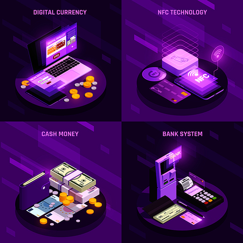 Payment methods isometric design concept with digital currency cash money bank system nfc technology isolated vector illustration