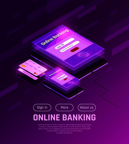Online banking on mobile devices isometric web page with menu buttons on purple background vector illustration