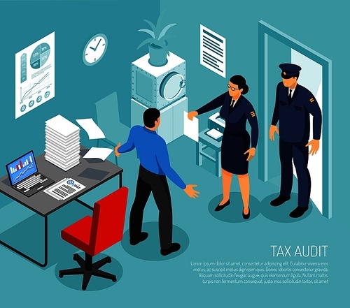 Tax audit in business office with 2 inspectors and failed meeting deadline accountant isometric composition vector illustration