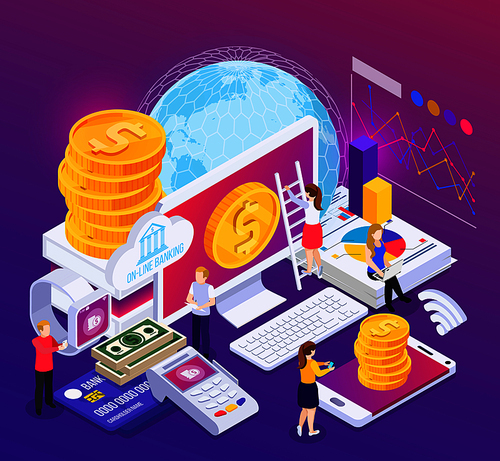 Online banking isometric composition with financial information and operations on purple background with glow vector illustration
