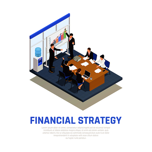 Investment strategies of fund managers isometric composition with financial growth benefits and risks evaluating presentation vector illustration