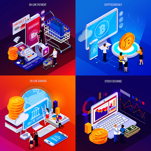 Financial technology isometric design concept electronic payment crypto currency online banking stock exchange isolated vector illustration
