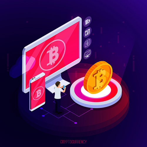 Crypto currency financial technology isometric composition with electronic devices and golden coin on purple background vector illustration