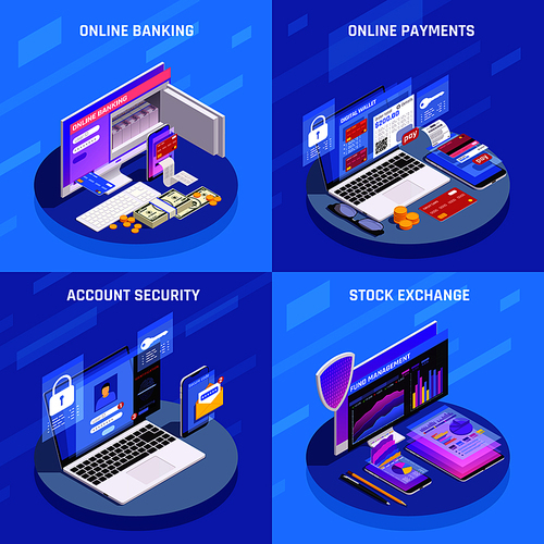 Internet banking 4 isometric icons square concept with account security online payments stock exchange display vector illustration
