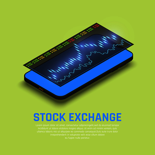 Stock exchange smartphone display with real time financial market information for funds investors isometric composition vector illustration