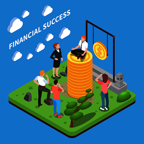 Financial success isometric composition human characters looking at man on top of heap of money vector illustration