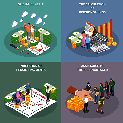 Social security unemployment benefits unconditional income isometric 2x2 design concept with banknote bundles people and text vector illustration