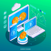Exchange of virtual currency to real money isometric composition with electronic devices and charts vector illustration
