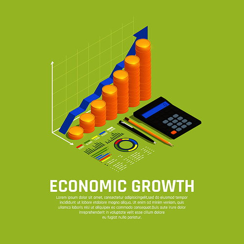 Investment funds increasing financial market development isometric composition with economic growth diagram and calculator background vector illustration