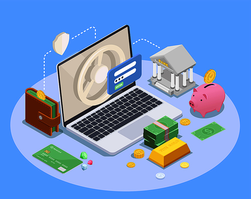 Banking financial isometric composition with images of laptop computer icons of still bank wallet and money vector illustration