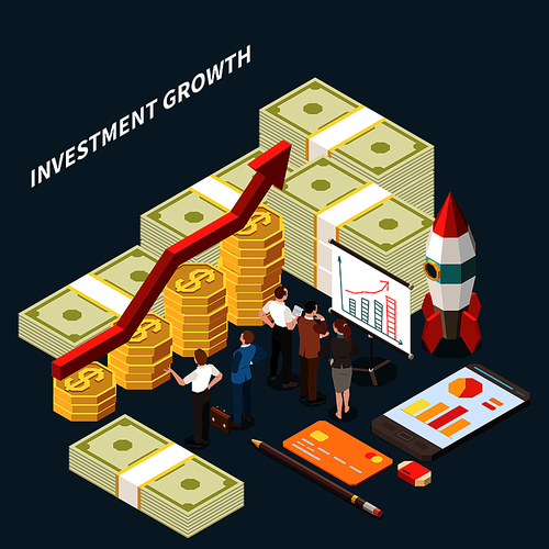Investment growth isometric concept with money smartphone credit card and business people 3d vector illustration