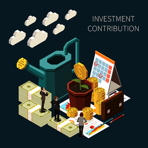 Investment contribution and growth isometric concept with money and business people 3d vector illustration