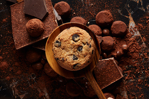 Homemade chocolate chip cookies on a wooden spoon with cocoa powder and candy